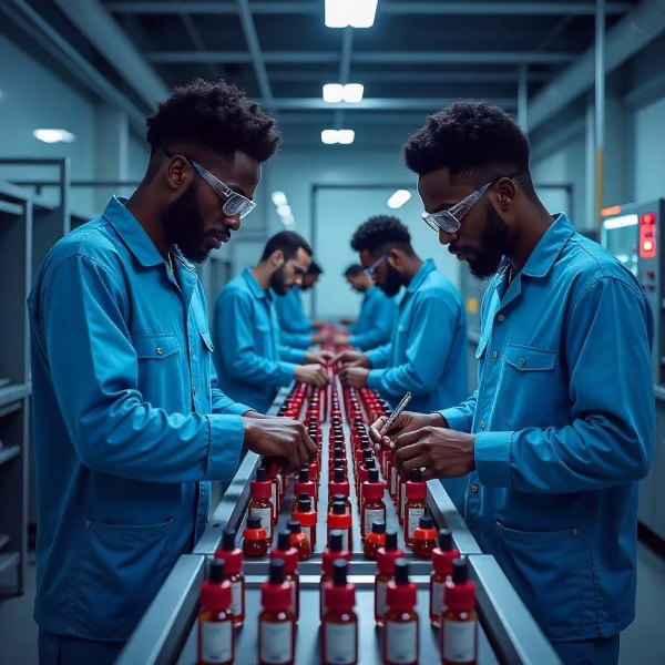 Ilustrasi proses produksi liquid vape di pabrik modern dengan tenaga ahli profesional, menggambarkan pentingnya memilih jasa maklon yang tepat untuk mewujudkan visi besar di industri vape.